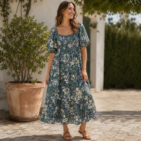 Sonoma Goods For Life Dresses & Skirts - Sonoma Women's XL Green Floral Maxi Dress Short Sleeve Tiered Flowy Cotton Blend
